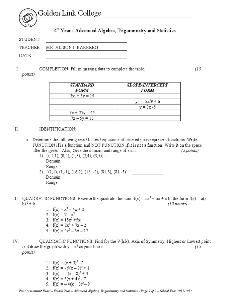 Advanced Algebra Exam for Students | PDF