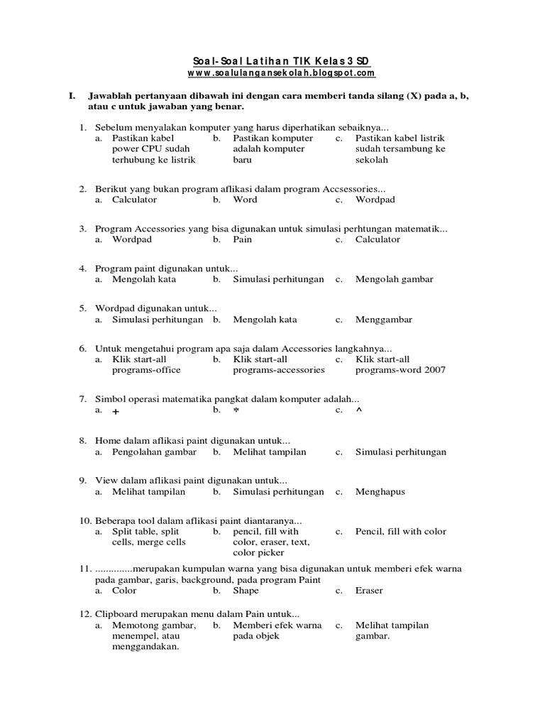 Download Soal Tik Kls 1 Sd