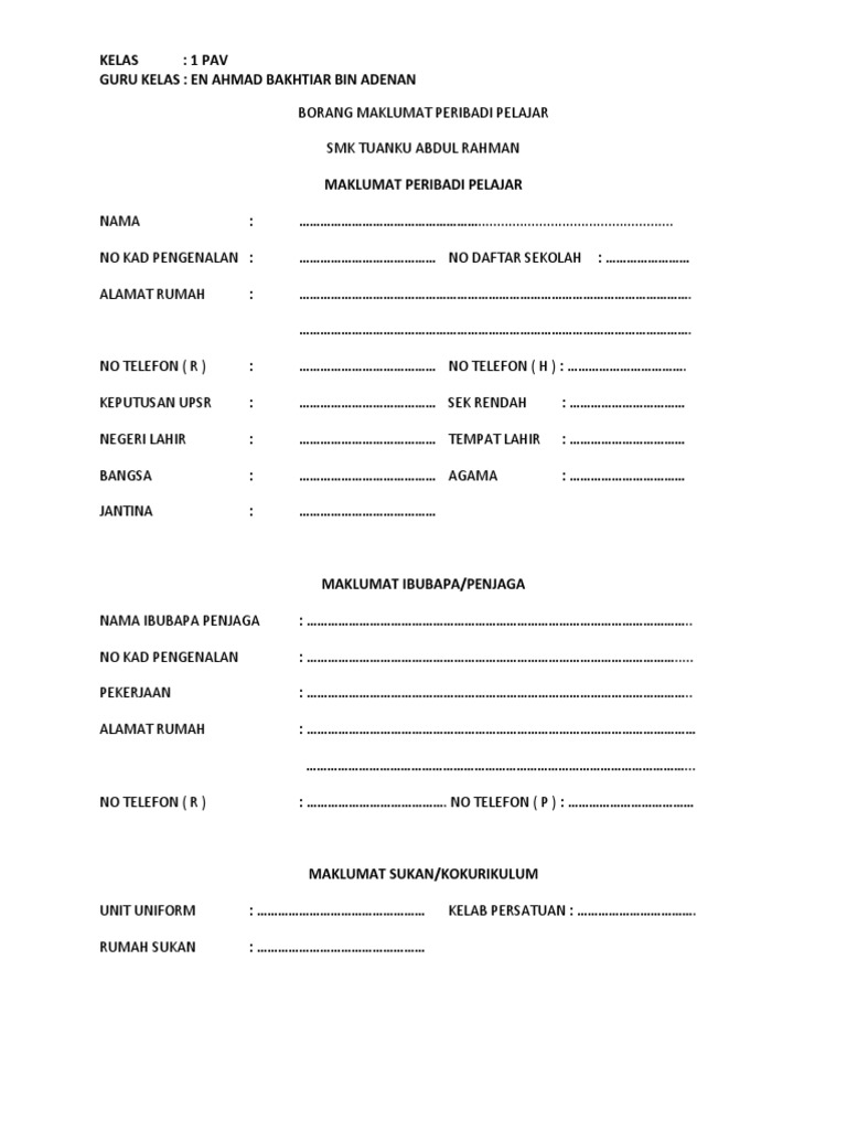Borang Maklumat Peribadi Pelajar Pdf
