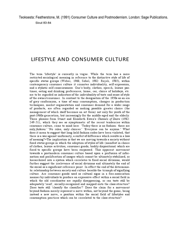 Lifestyle in Postmodern Consumer Culture | PDF | Lifestyle (Sociology ...