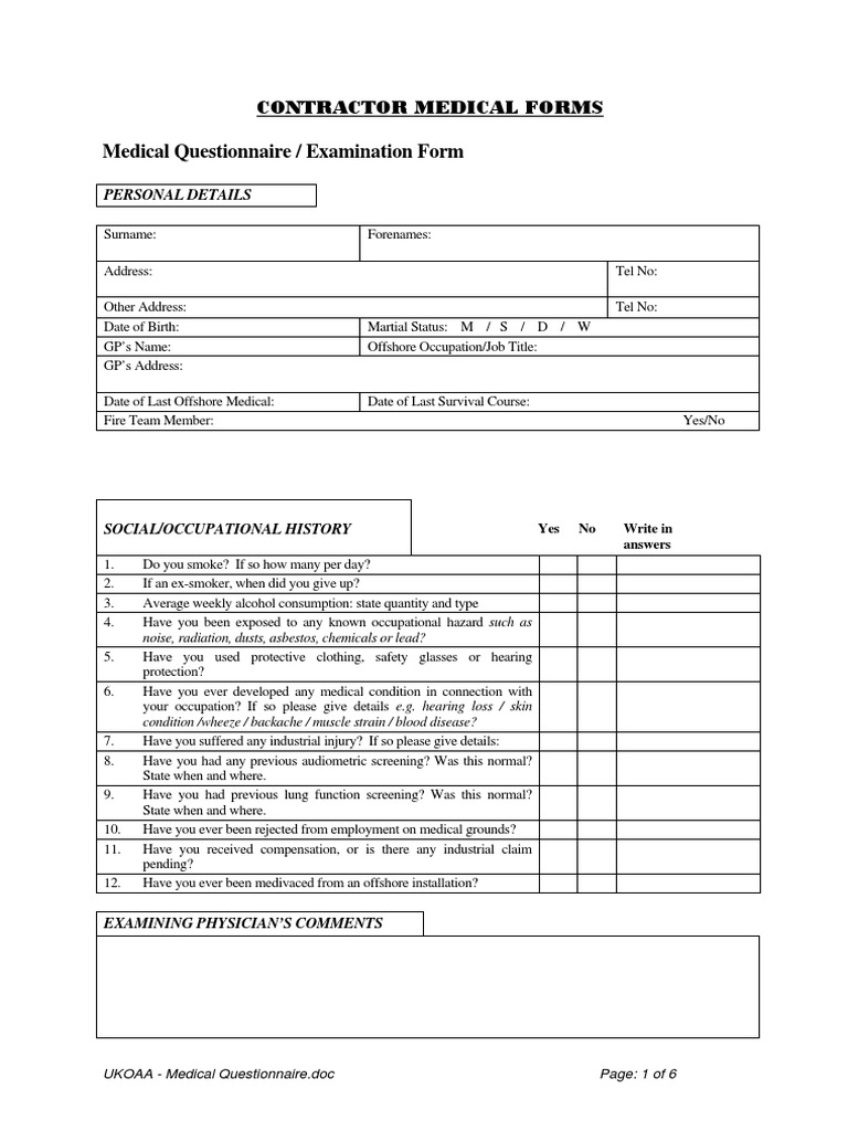 UKOAA Medical Questionnaire Hemorrhoid Physical Examination