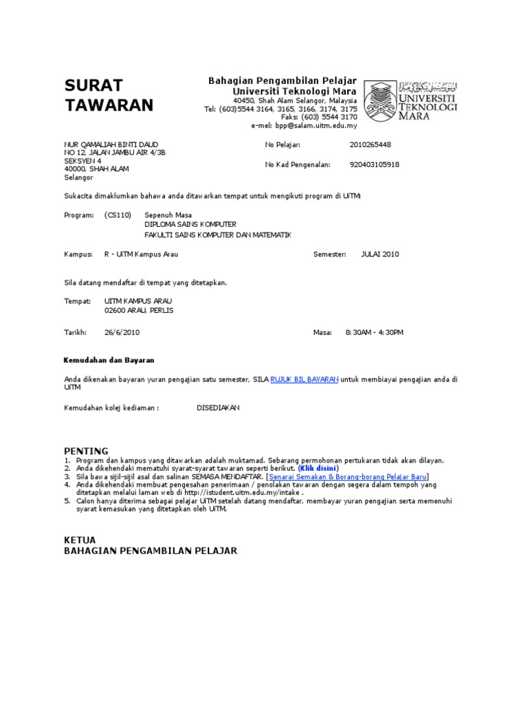 Surat Tawaran Uitm Pdf
