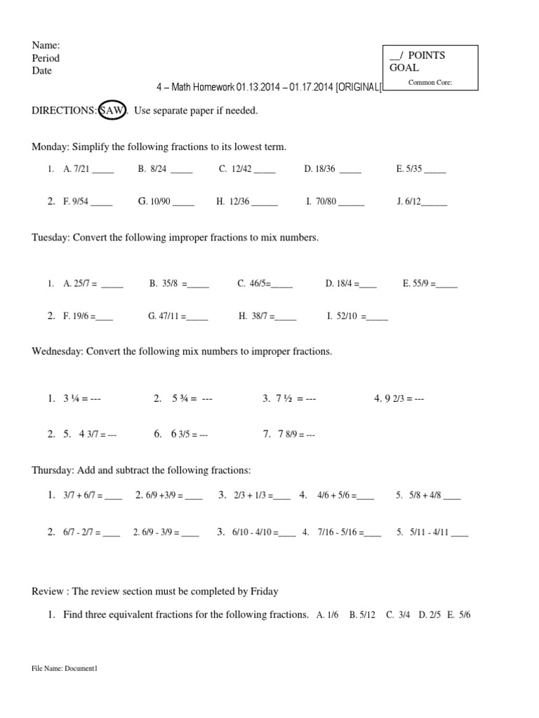 4 - Math Homework 01.13 - 01.17.2014 Original & Modified | PDF ...
