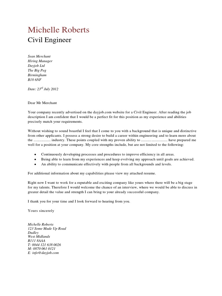 sample cover letter for job application civil engineering