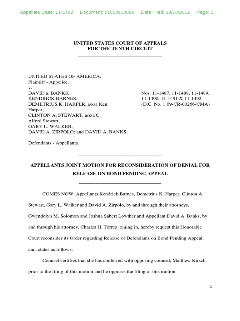Bond Pending Appeal Reconsideration of Denial Motion, 101012 PDF