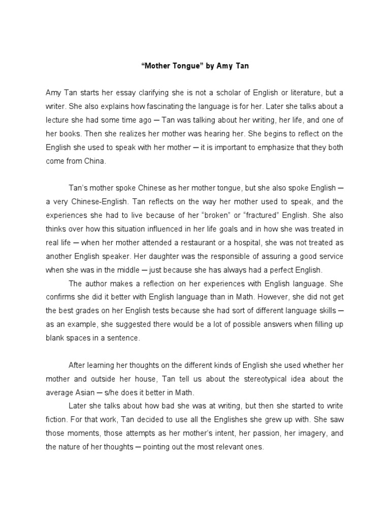 Essay on mother tongue by amy tan
