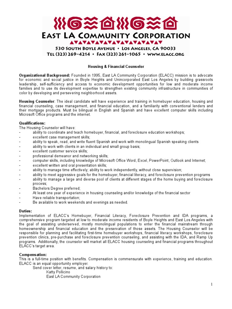 Housing Counselor Job Description 9182009 School Counselor