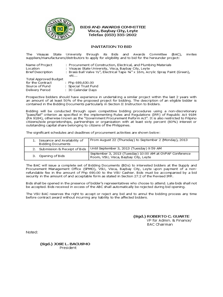 VSU Bid Invitation for Construction Materials | PDF | Procurement ...