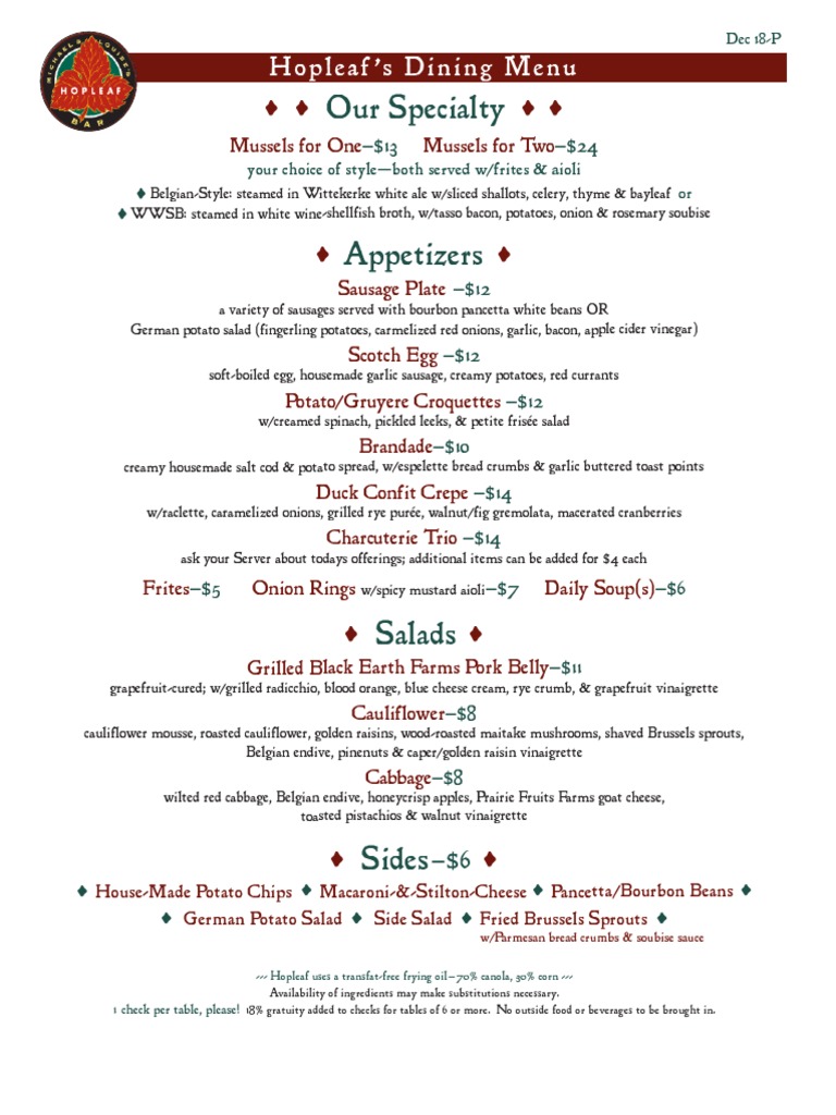 Hopleaf Restaurant Dining Menu | PDF | French Fries | Sausage
