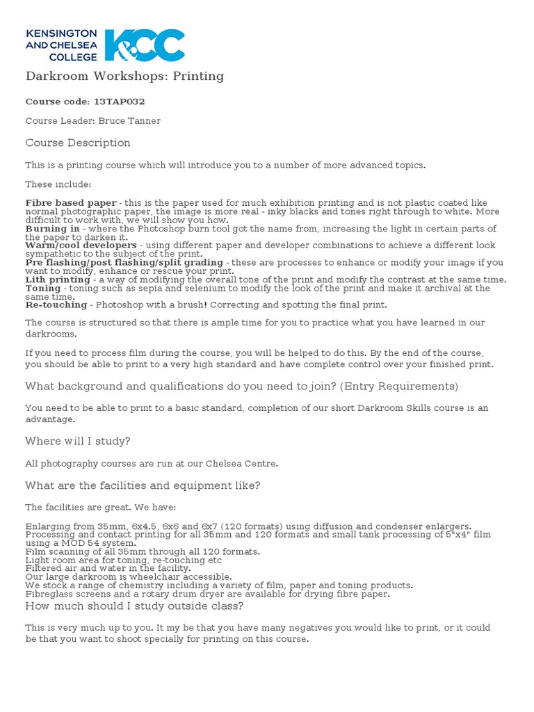 Darkroom Printing Course Description PDF Art Media