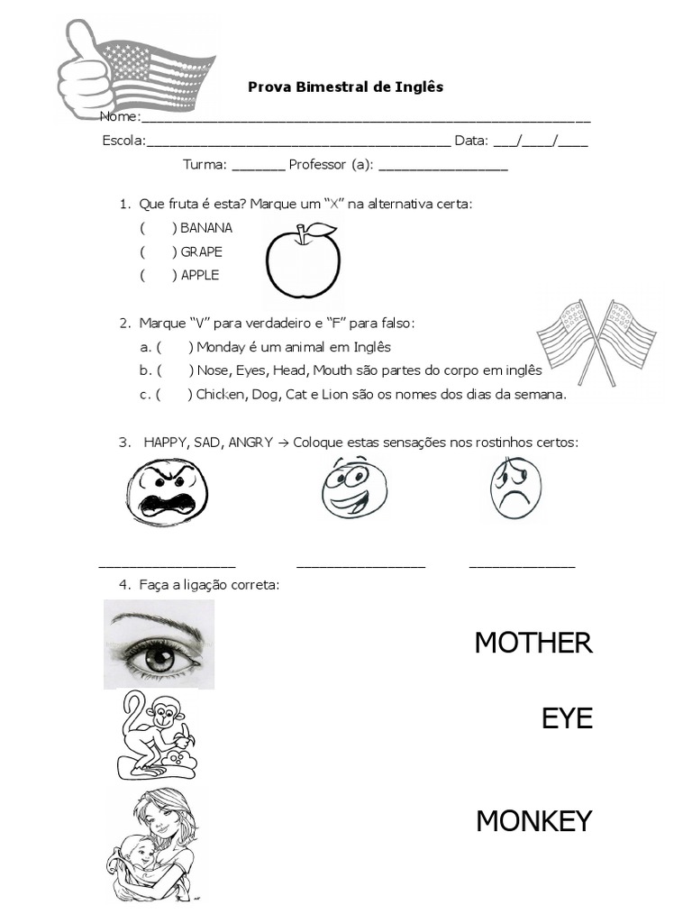 Prova de Inglês 3º Ano Fundamental | PDF