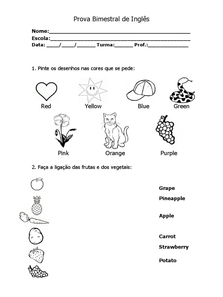 Prova Bimestral de Inglês - 3º Ano | PDF