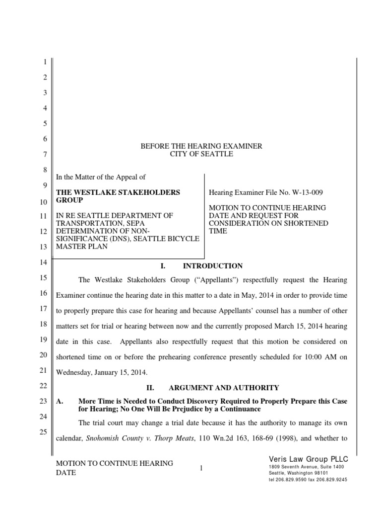 Motion To Continue Hearing Date California