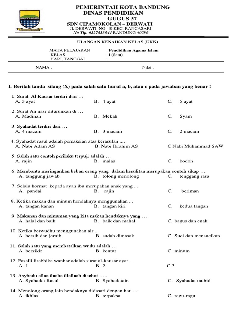 Soal Ukk Agama Islam Kelas 15 Sd