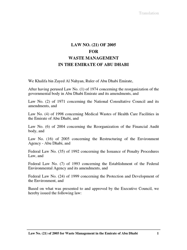 UAE Law No. 21 of 2005 Concerning Waste Management in Abu Dhabi Emirate Eng PDF Waste