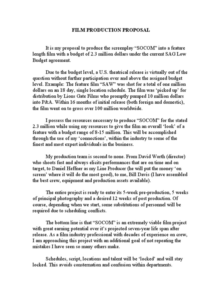 SOCOM Film Production Proposal | PDF | Filmmaking | Business