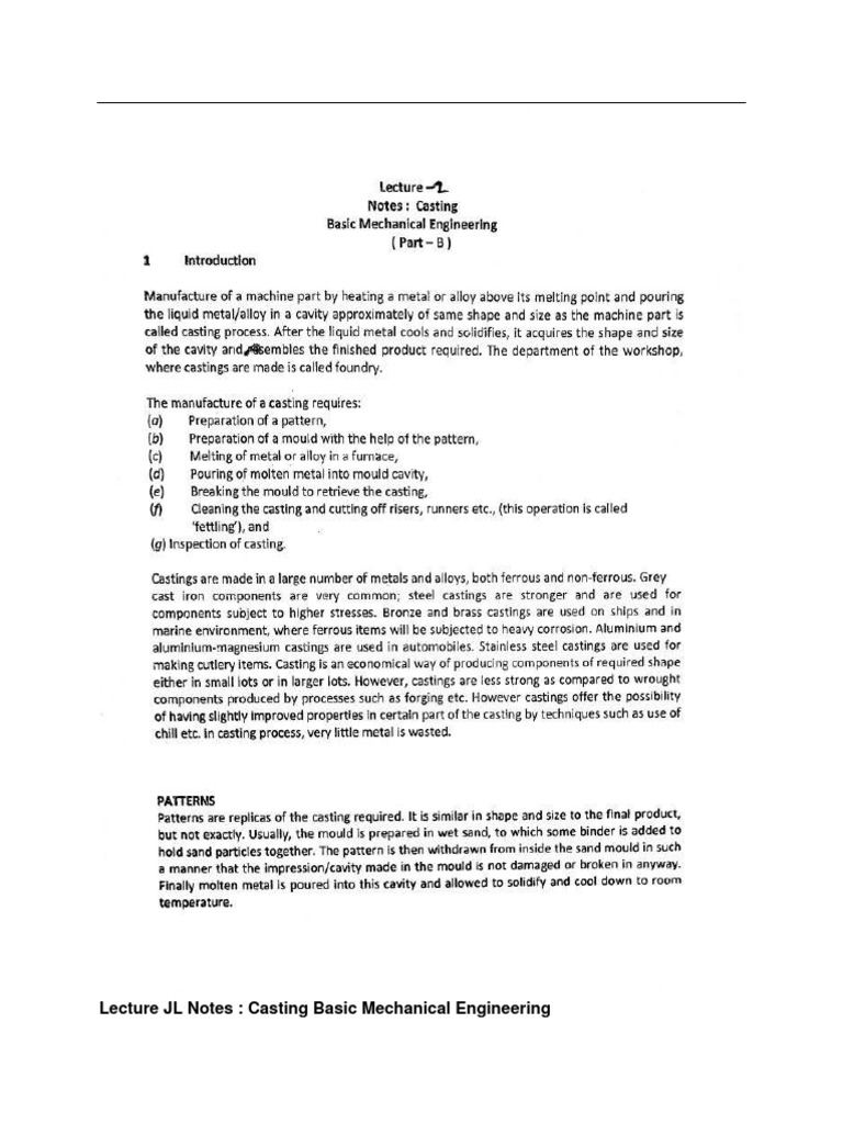 Lecture JL Notes: Casting Basic Mechanical Engineering | PDF