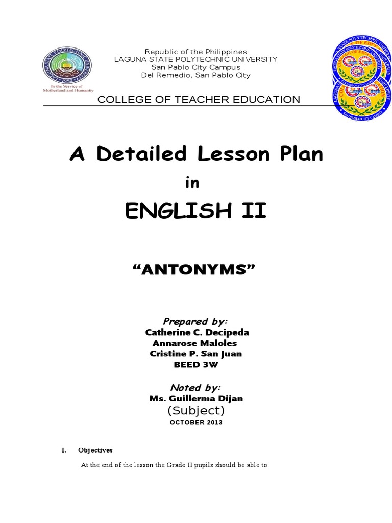 Grade 2 Lesson Plan on Antonyms | PDF