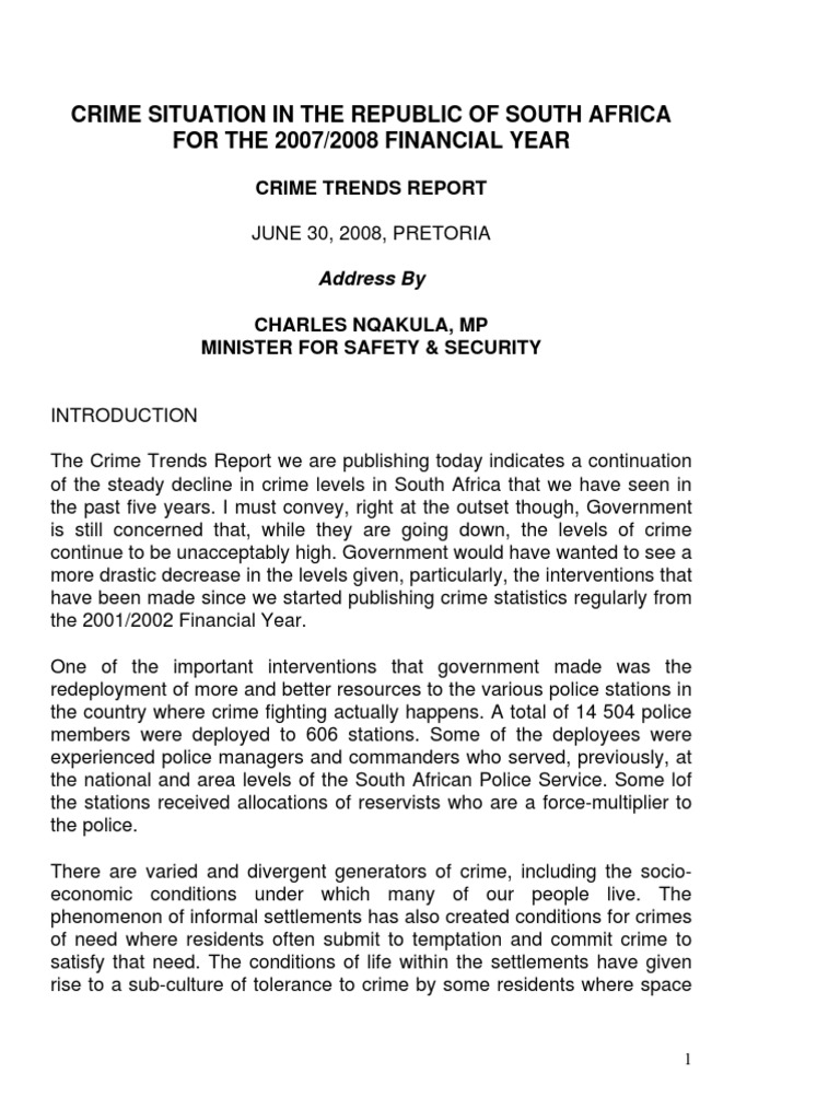 Crime Situation in The Republic of South Africa For The 2007/2008 ...