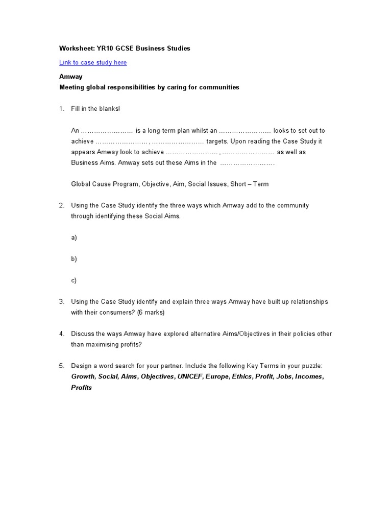 Link To Case Study Here: Worksheet: YR10 GCSE Business Studies | PDF