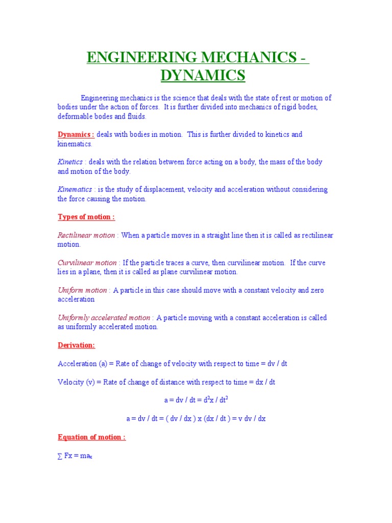 Dynamics of Engineering Mechanics | PDF | Acceleration | Kinematics