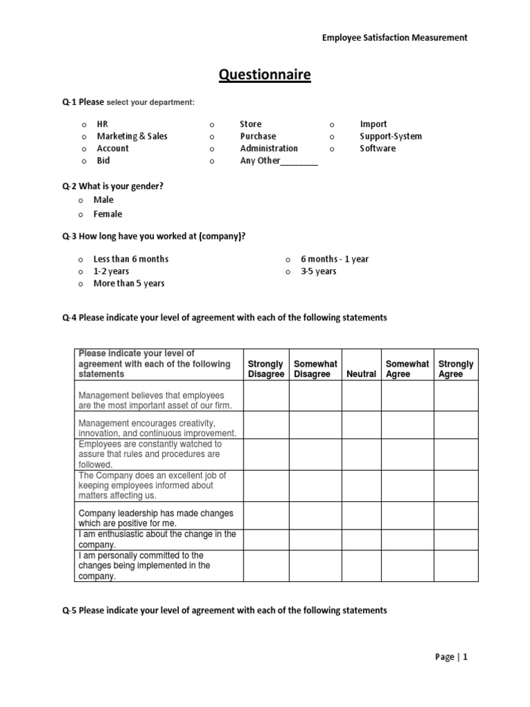 Questionnaire For Employee Satisfaction Measurement | PDF | Job