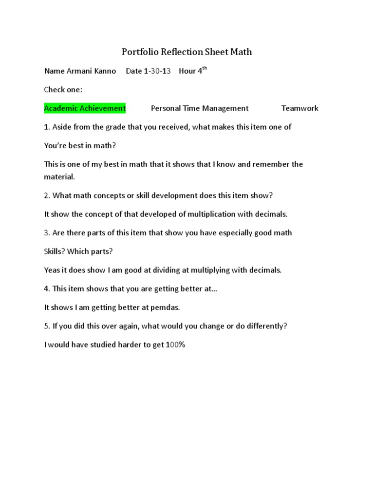 Math Portfolio Reflection by Armani Kanno | PDF