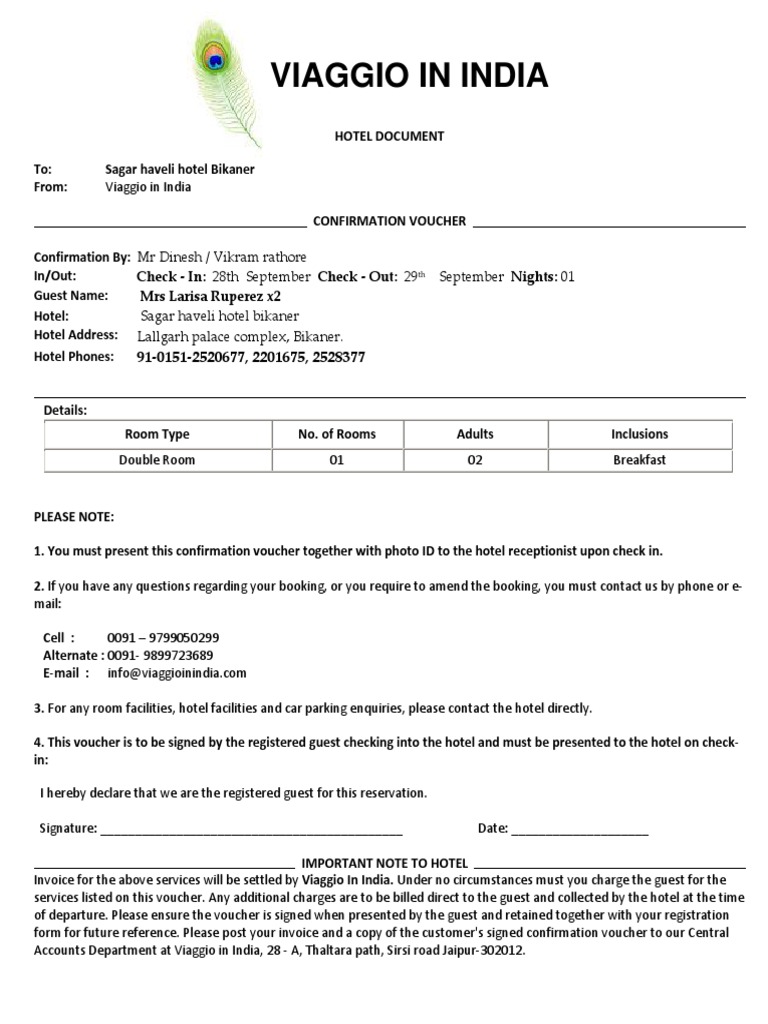 Hotel Voucher Format Voucher Service Industries