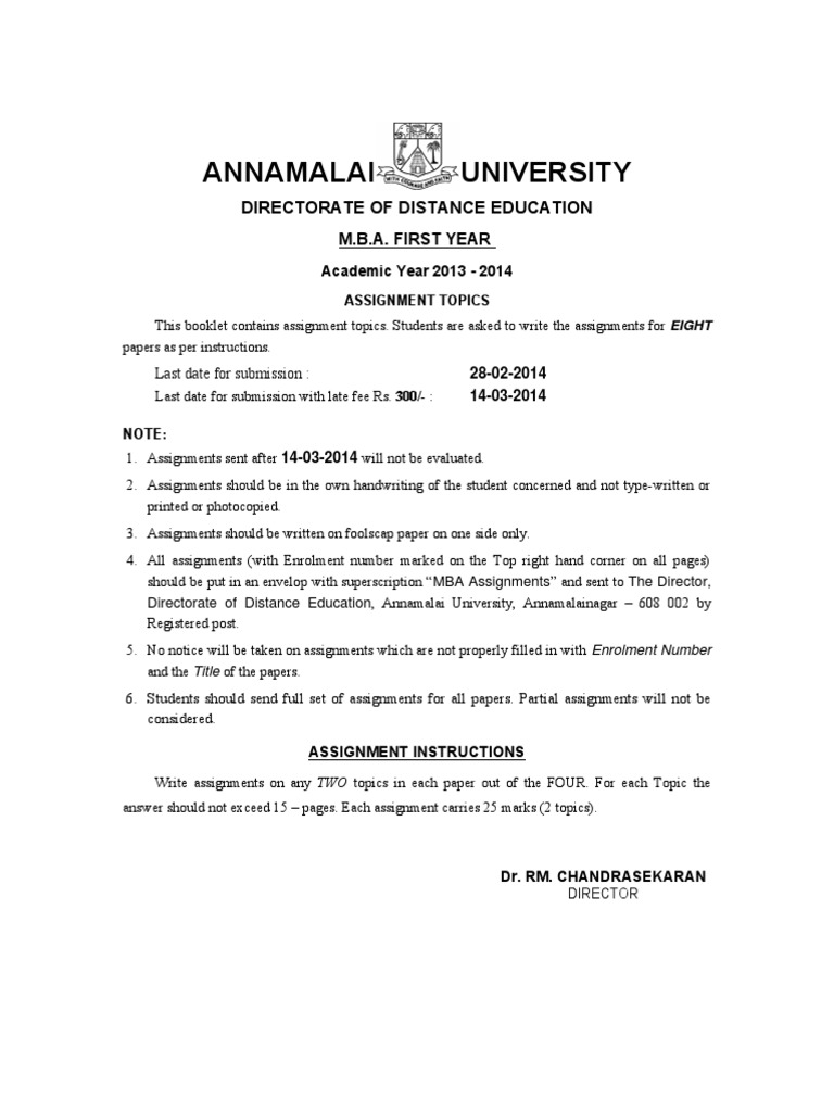 Mba assignment for annamalai university
