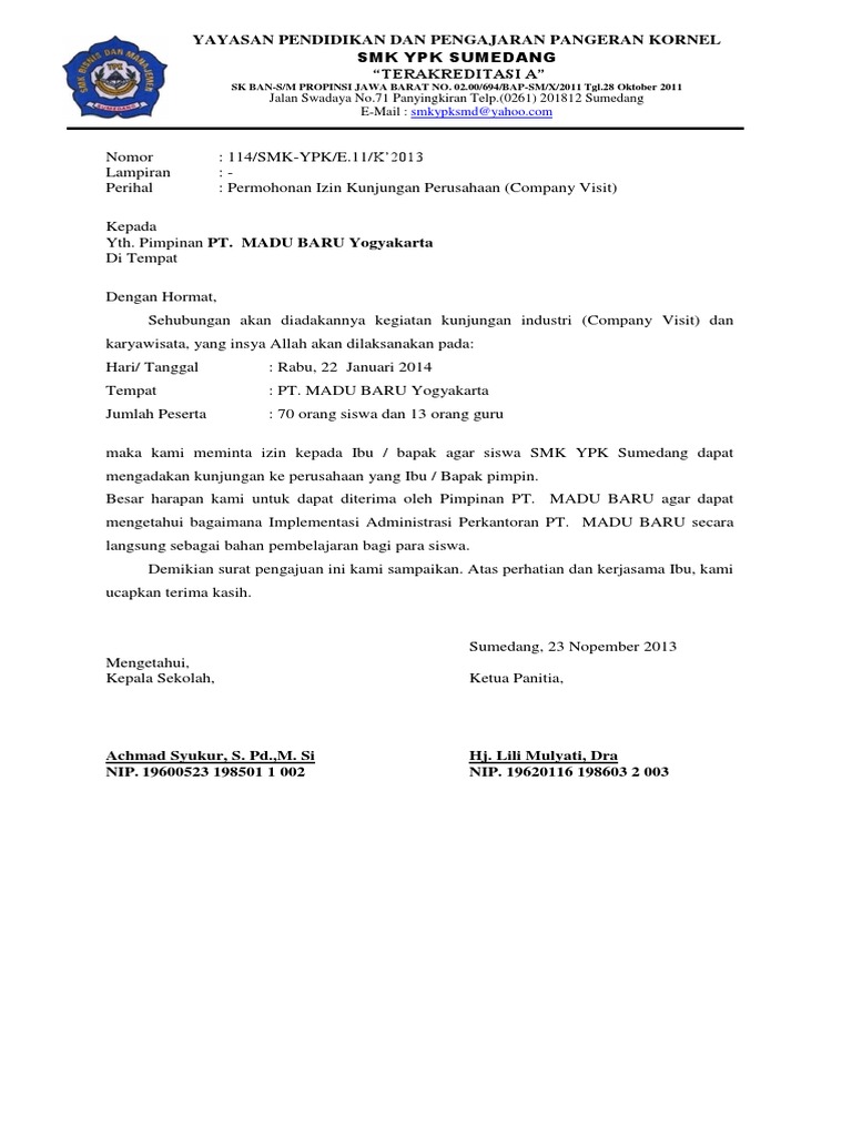 Contoh Surat Dinas Tentang Permohonan Izin Study Tour