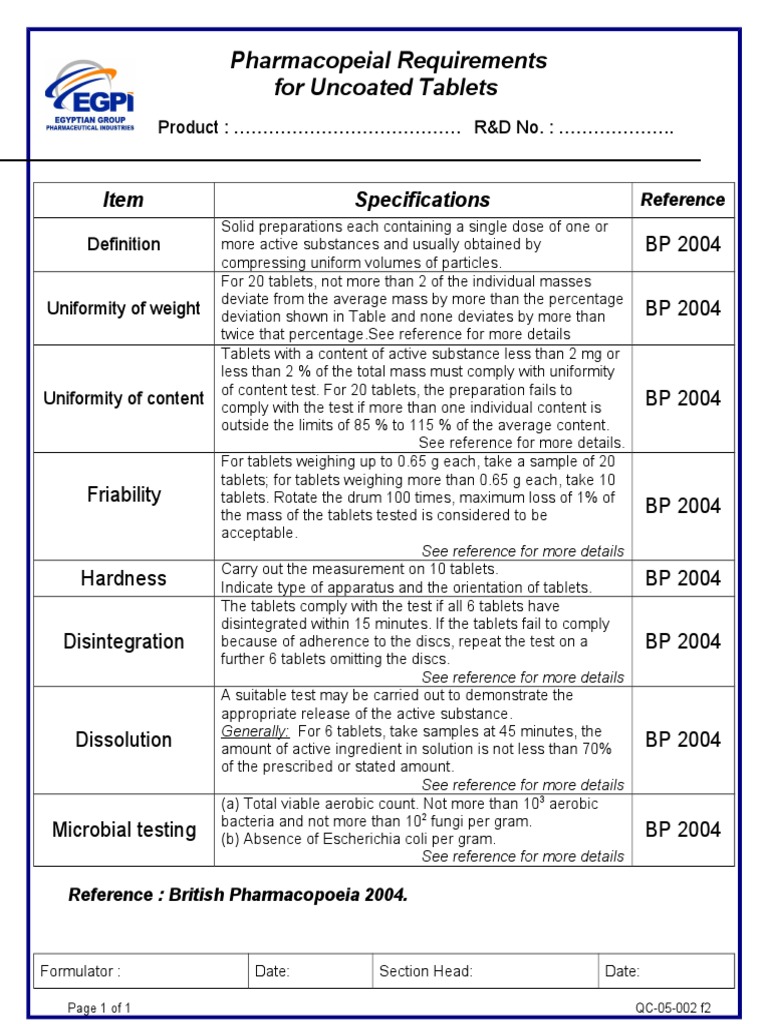 Uncoated Tablets: Pharmacopeial Standards | PDF