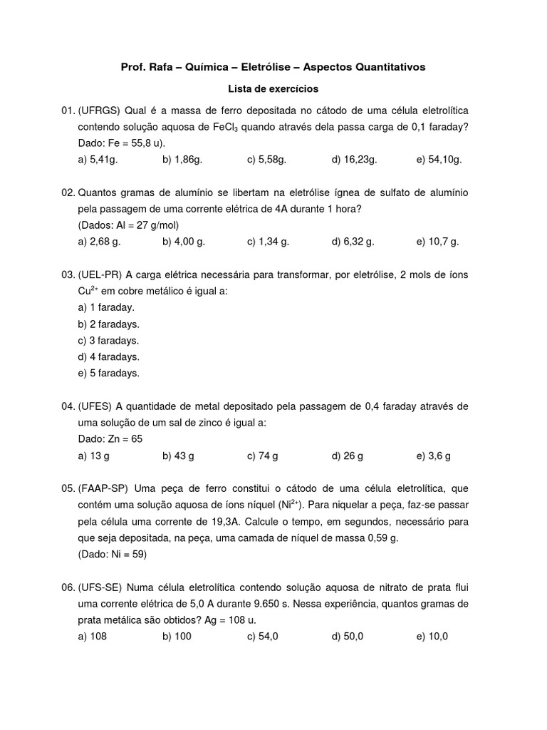 Exercícios de Eletrólise Quantitativa | PDF | Elementos metálicos | Metais