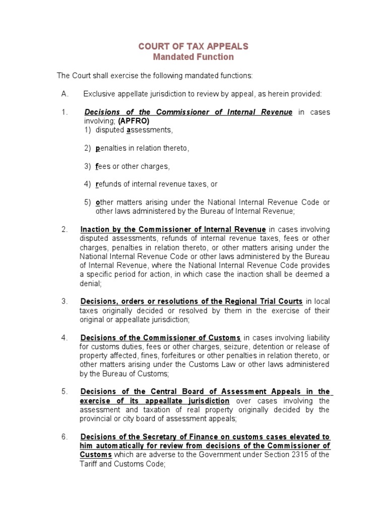 Court of Tax Appeals Functions Appeal Taxes