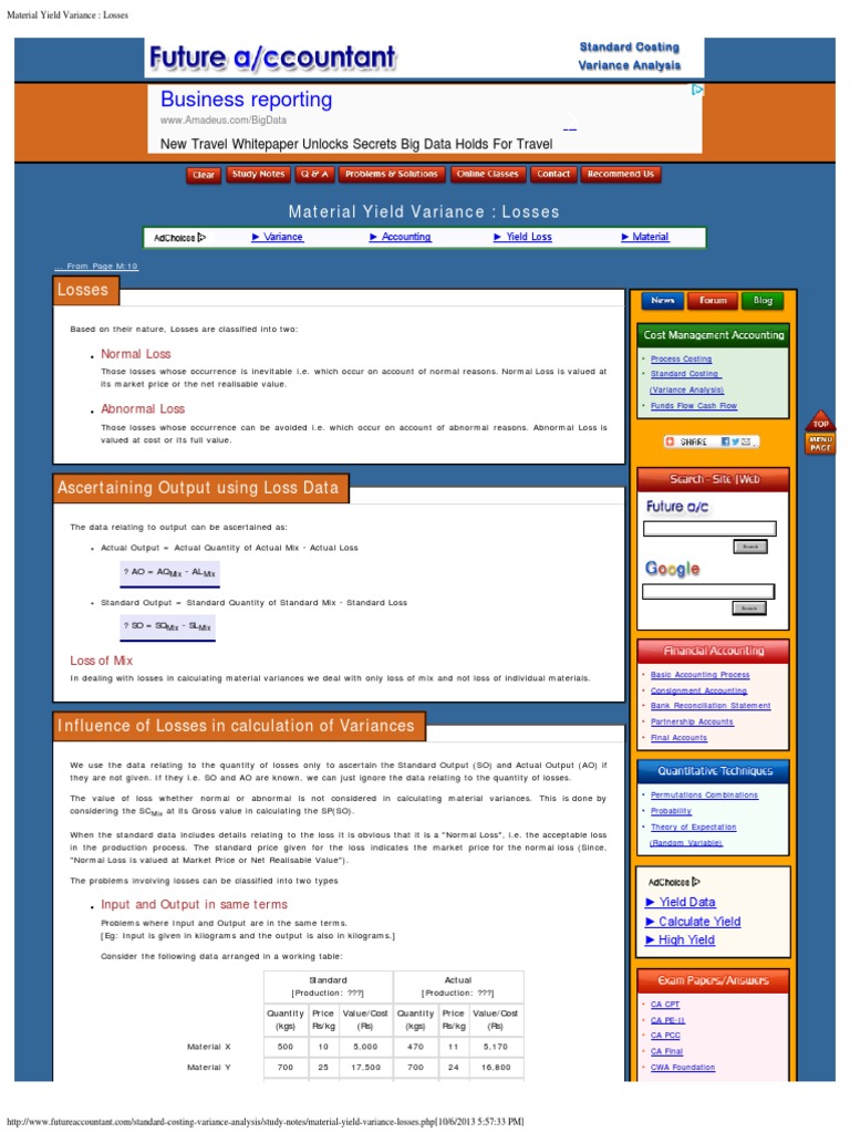 Material Yield Variance Losses Output Economics Variance
