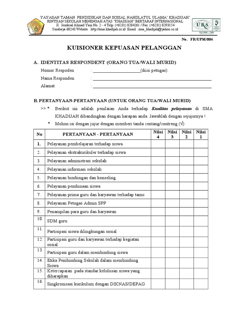 Kuisioner Kepuasan Wali Murid | PDF