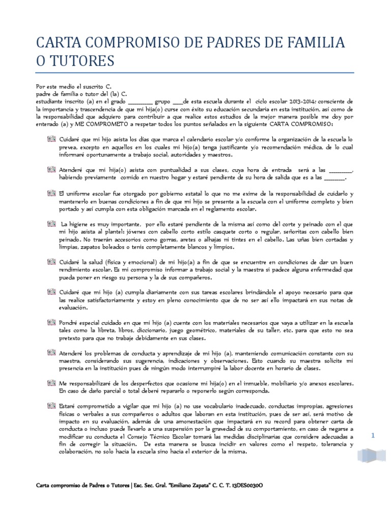 Carta Compromiso para Padres de Familia | PDF | Comportamiento ...