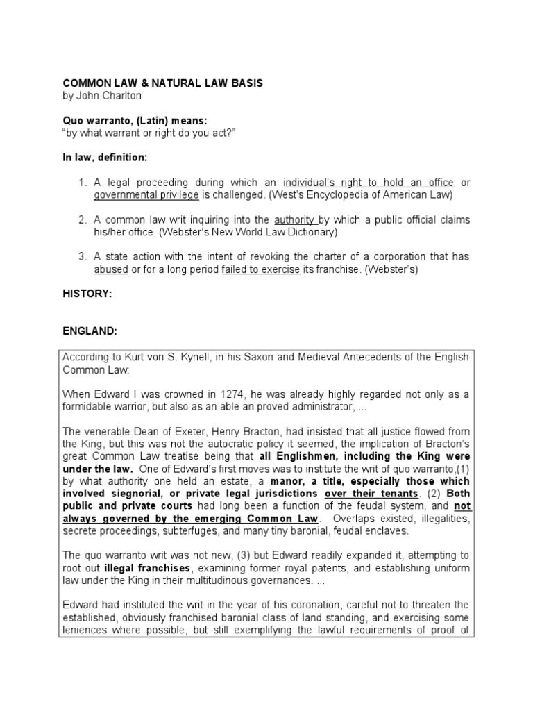 Quo Warranto History PDF Writ Natural And Legal Rights