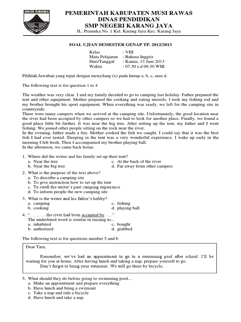 contoh soal essay bahasa inggris kelas 8 chapter 2