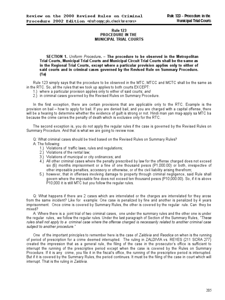 Rule 123: MTC Criminal Procedure Overview | PDF | Bail | Criminal ...