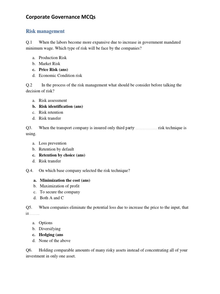 MCQs Risk Risk Management