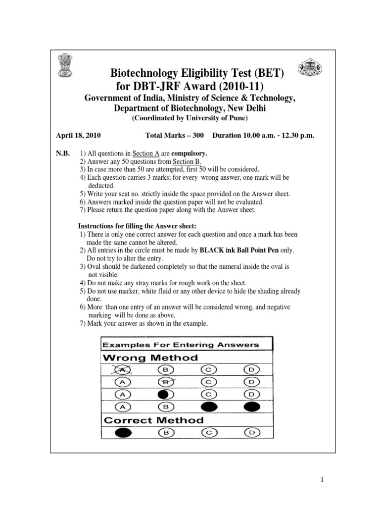 DBT BET Question Paper 2010 With Answer Key PDF Immunoglobulin G Dna