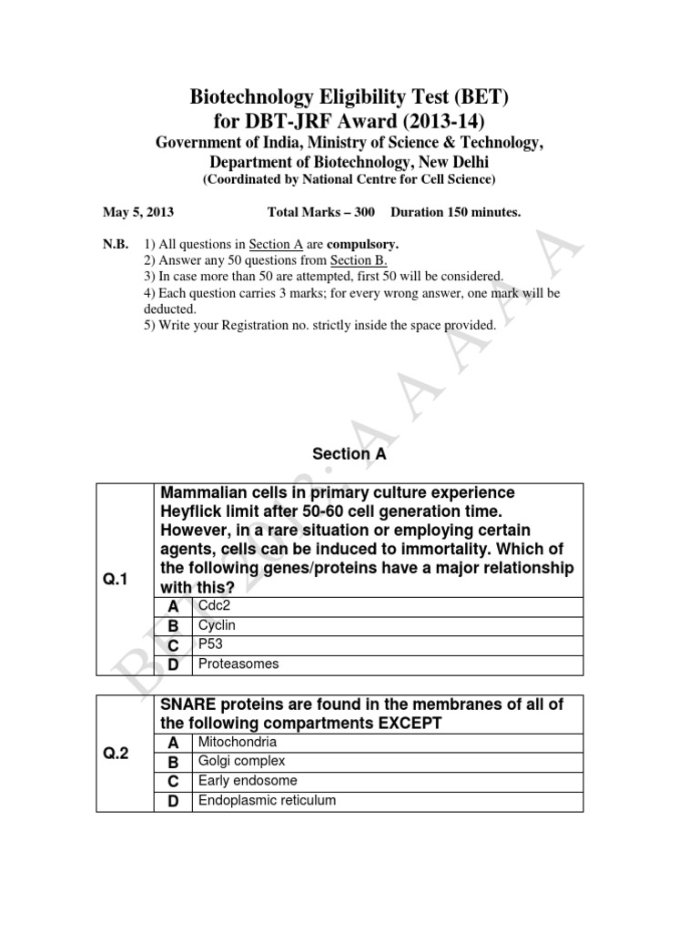 DBT BET Question Paper with 2013 Answer Key Proteins Antibody