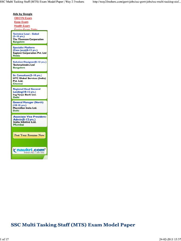 SSC Multi Tasking Staff (MTS) Exam Model Paper | PDF