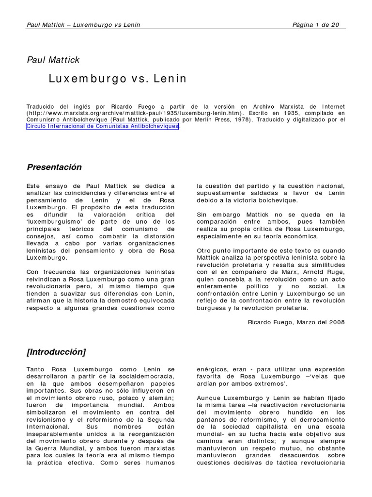 Paul Mattick Luxemburgo vs Lenin (1935) Vladimir Lenin revolución