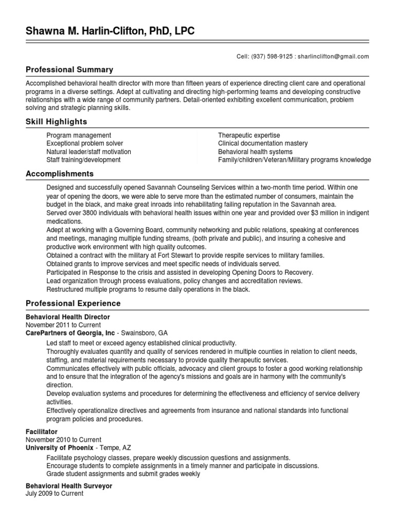 Behavioral Health Director in Savannah GA Resume Shawna HarlinClifton