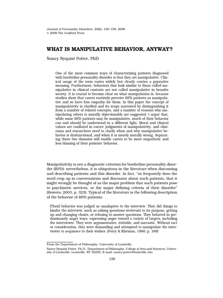 What Is Manipulative Behavior, Anyway? Nancy Nyquist Potter, PHD PDF