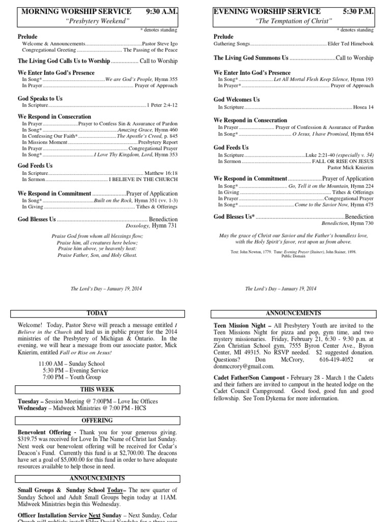 Worship Service Schedule - January 19, 2014 | PDF | Confession ...