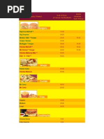 Price List of Mcdonald's Product