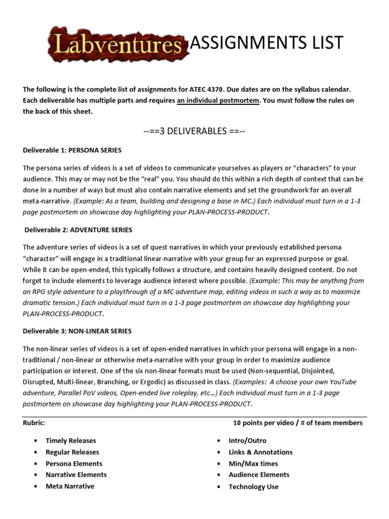 ATEC 4370 Video Assignment Overview | PDF | Entertainment | Leisure