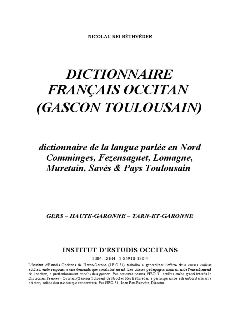 Page De Garde Cahier D occitan Dico Francés Occitan (Gascon Tolosan) | PDF | Género gramatical |  Lingüística